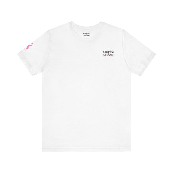 White t-shirt with pink and black text on a white background