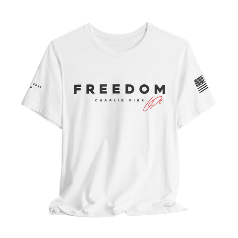 White t-shirt with 'Freedom' text and logo on a light gray background