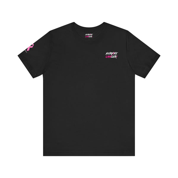 Black t-shirt with 'Survive Cancer' text on a white background