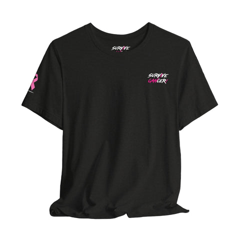 Black t-shirt with 'SURVIVE CANCER' text and pink ribbon on a white background